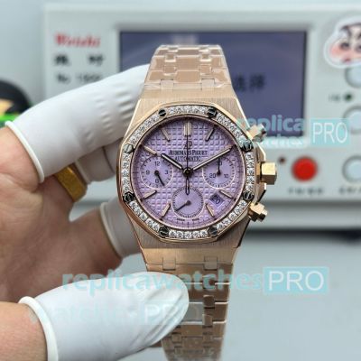 Swiss Clone Audemars Piguet Royal Oak 38mm 7750 Lavender Purple Diamond Rose Gold Watch 